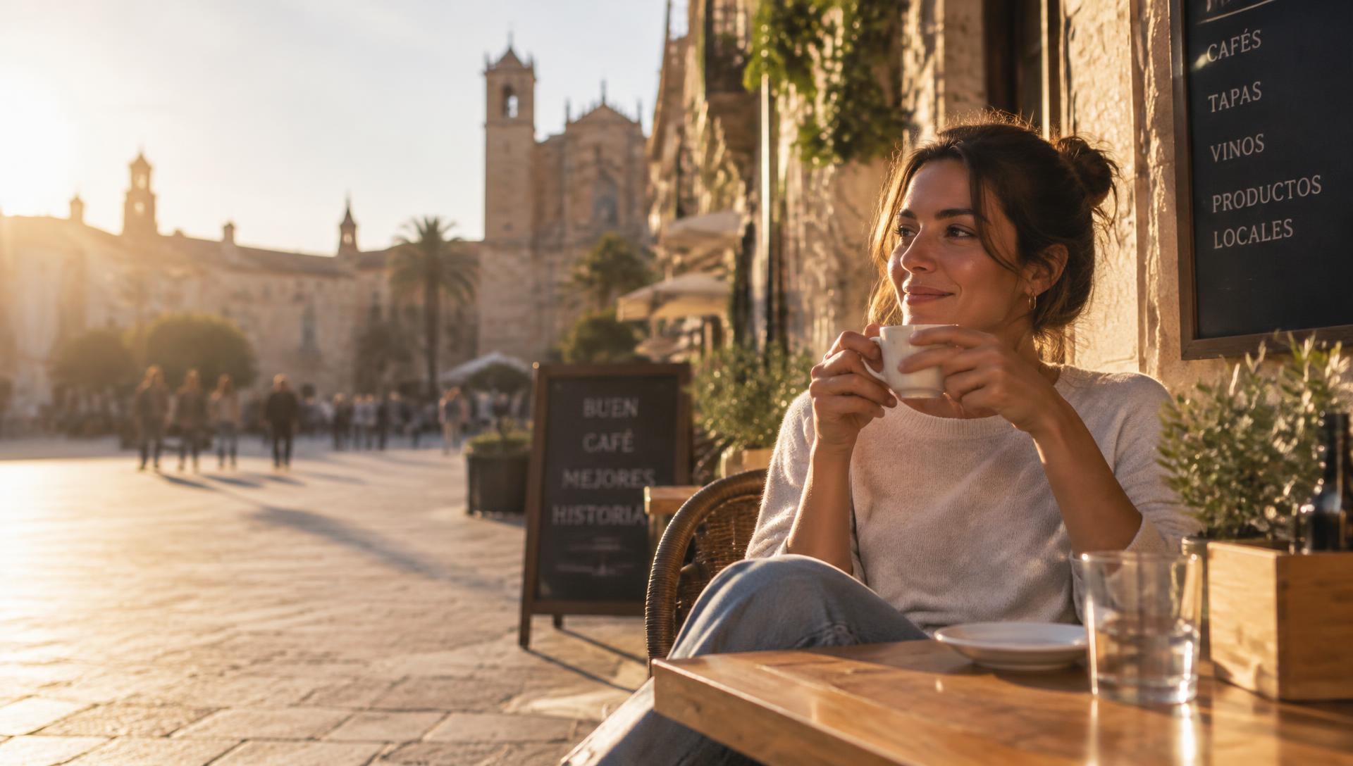 Profesional disfrutando de un café en una terraza al atardecer